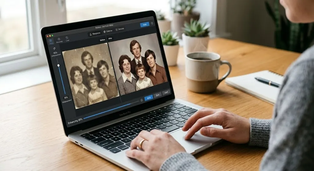 A blurry photo being sharpened by an automatic enhancement tool